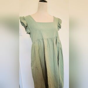 Sage Mint Green Square Neck Mini Dress with Ruffled Sleeves HYFVE 100% Cotton